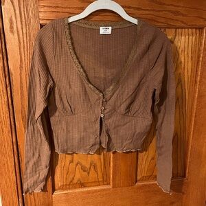 Brown V Neck Lace Trim Top